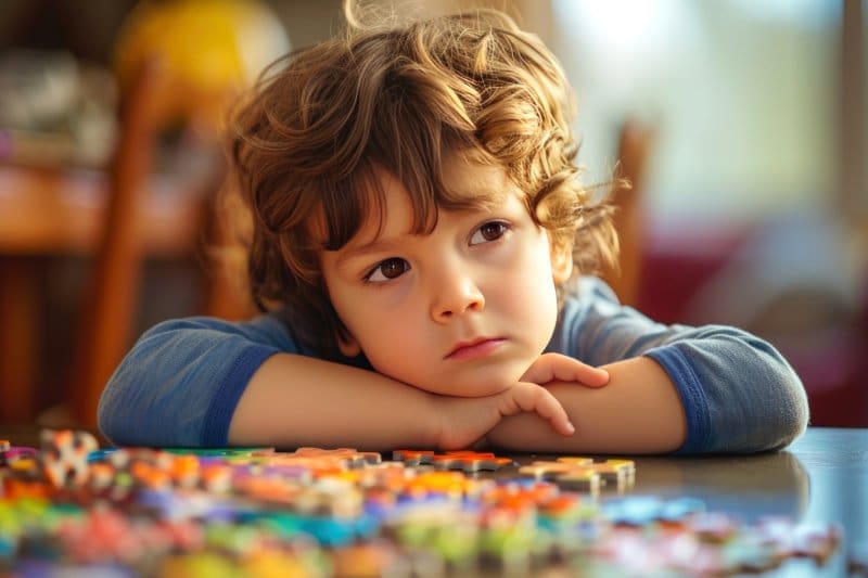 A young boy lying on his arms on a table with puzzle pieces